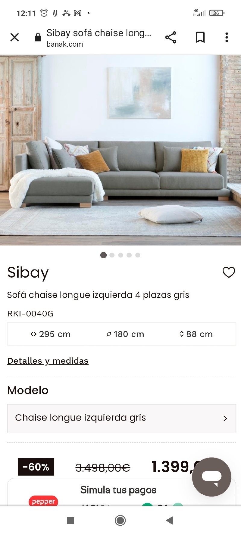 Sibay sofá chaise longue izquierda 4 plazas gris