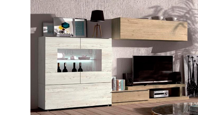 Muebles modulares de saln en color roble combinado con rustik.