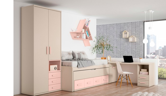 Dormitorio juvenil con acabados en piedra y rosa nube