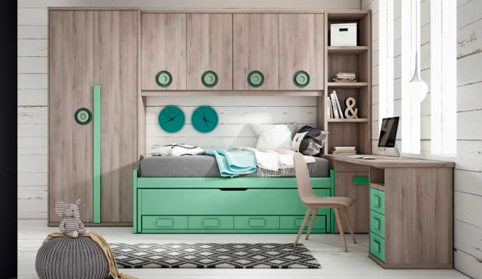 Dormitorio juvenil completo con acabados en iron y verde talco.
