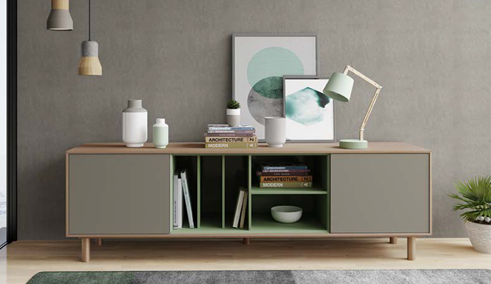 Mueble aparador vanguardista con acabados en roble, Nude y Menta