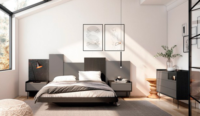 Dormitorio de matrimonio de estilo moderno en roble natural y gris.