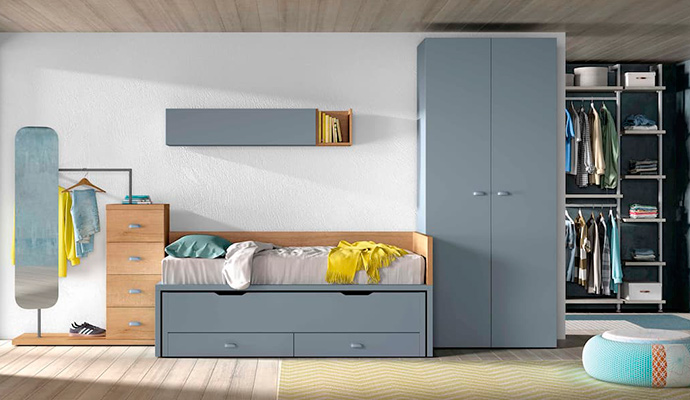 Dormitorio juvenil de estilo moderno en color trtola y roble. 