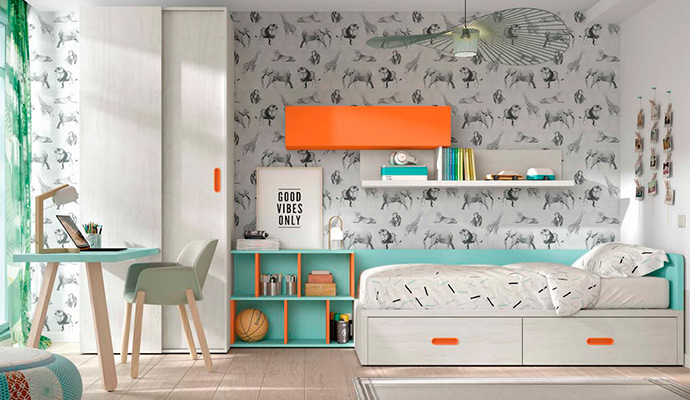 Dormitorio juvenil con acabados en Roble Polar, Mandarina y Verde Agua